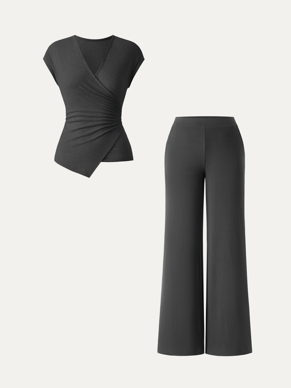 2Pcs Set Lyocell Wool Surplice Cap Sleeve Top & Mid Rise Wide Leg Pants with Pockets — original photo 12