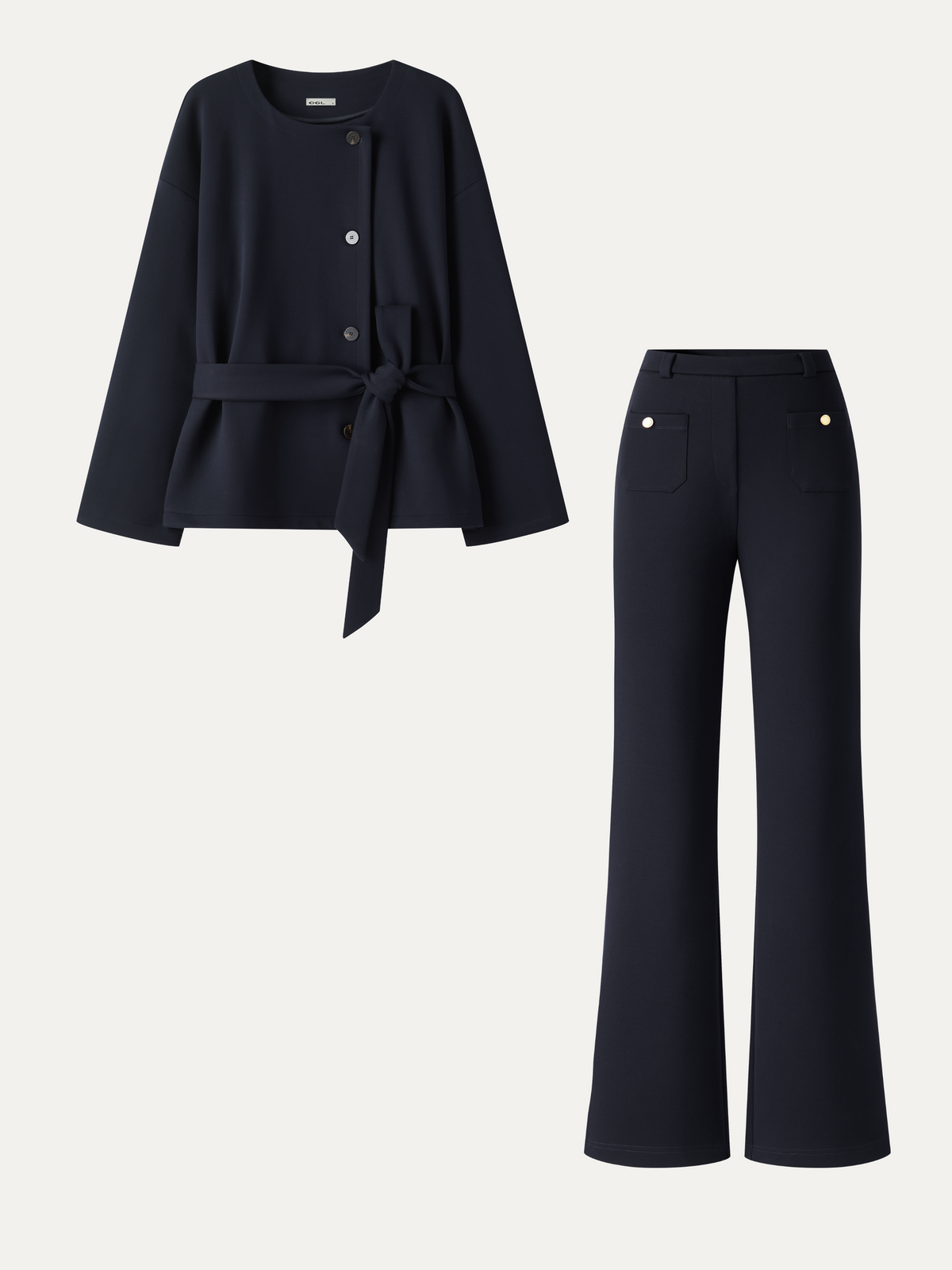 2Pcs Set Round Neck Long Sleeve Belted Jacket with Pockets & Mid-Rise Flared Pants with Pockets — original photo 11