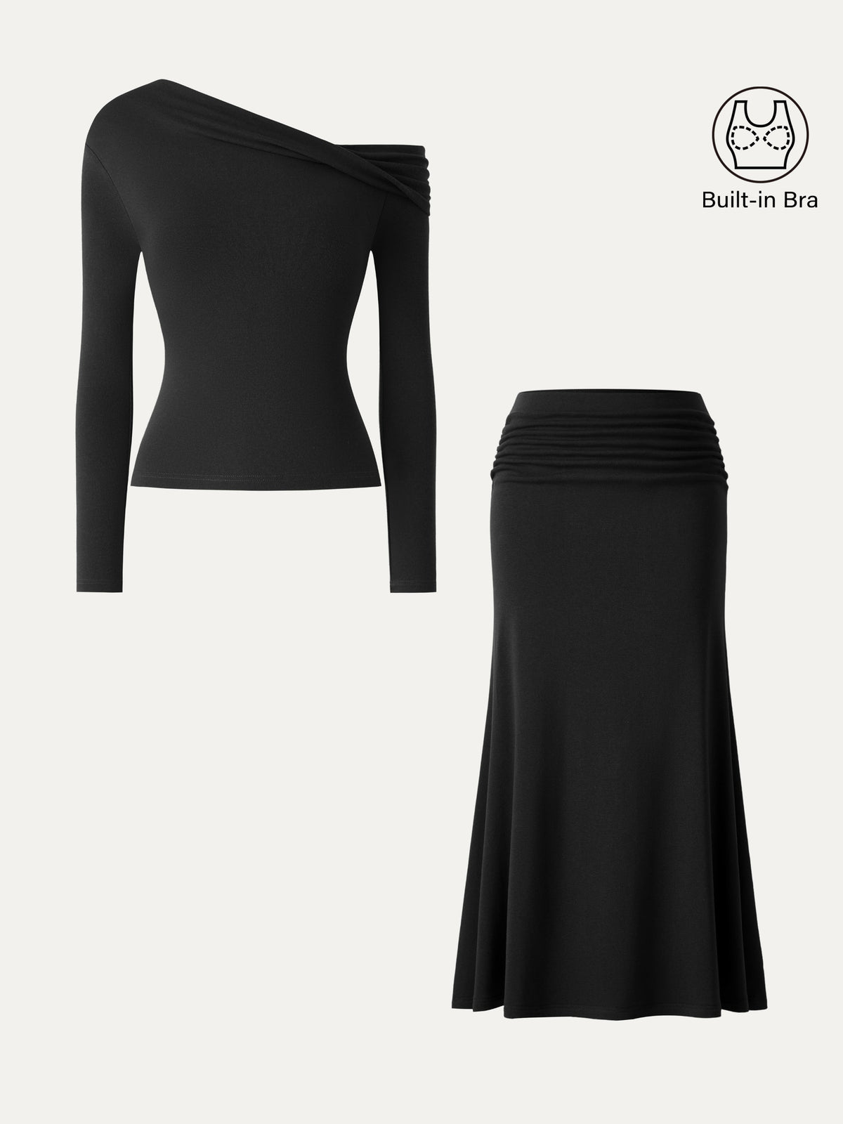 2Pcs Set Prowarm Neck Long Sleeve Built-In Bra Top & Mid-Rise Ruched Flared Midi Skirt — original photo 14