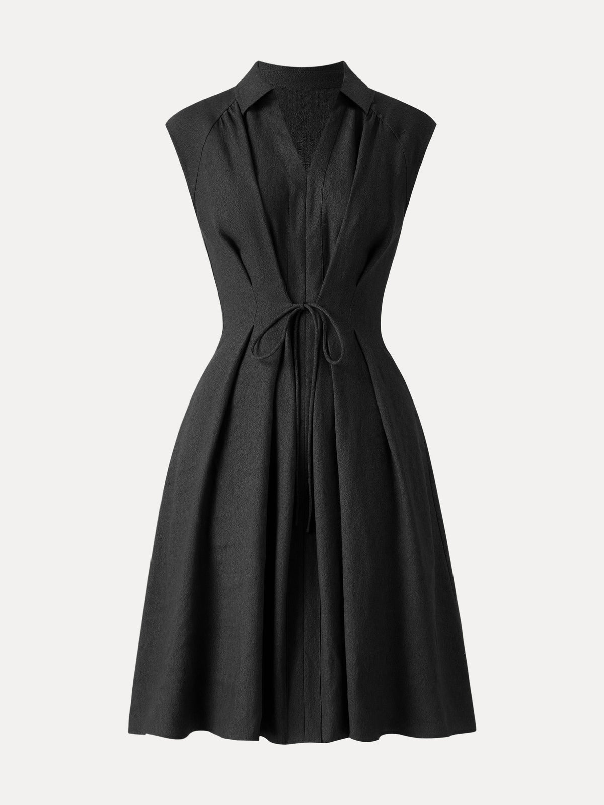 Viscose-Linen Collared V-neck Midi Dress with Drawstring — original photo 12