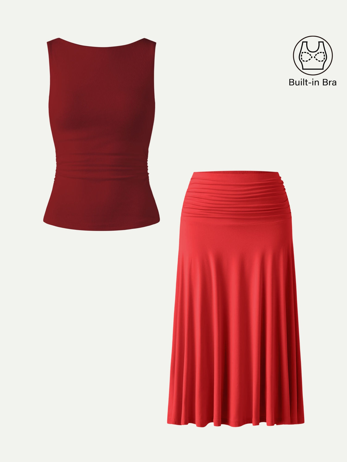 2Pcs Set Open Back Built-In Bra Tank & Side Ruched A-line Midi Skirt — original photo 10
