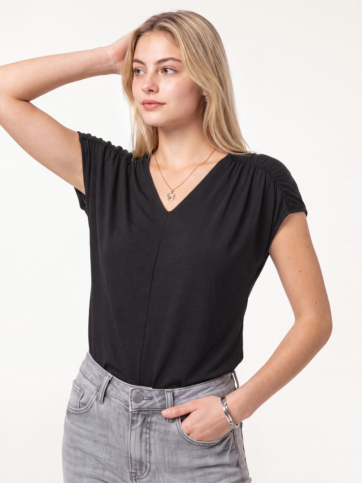 Modal Relaxed V-Neck Gathered Shoulder Top — original photo 10