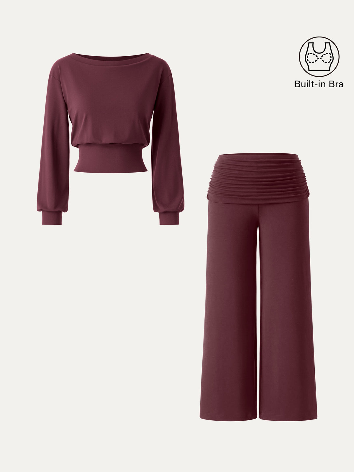 2Pcs Set Boatneck Built-In Bra & Drapey Wide Leg Pull-on Pants with Pockets — original photo 13