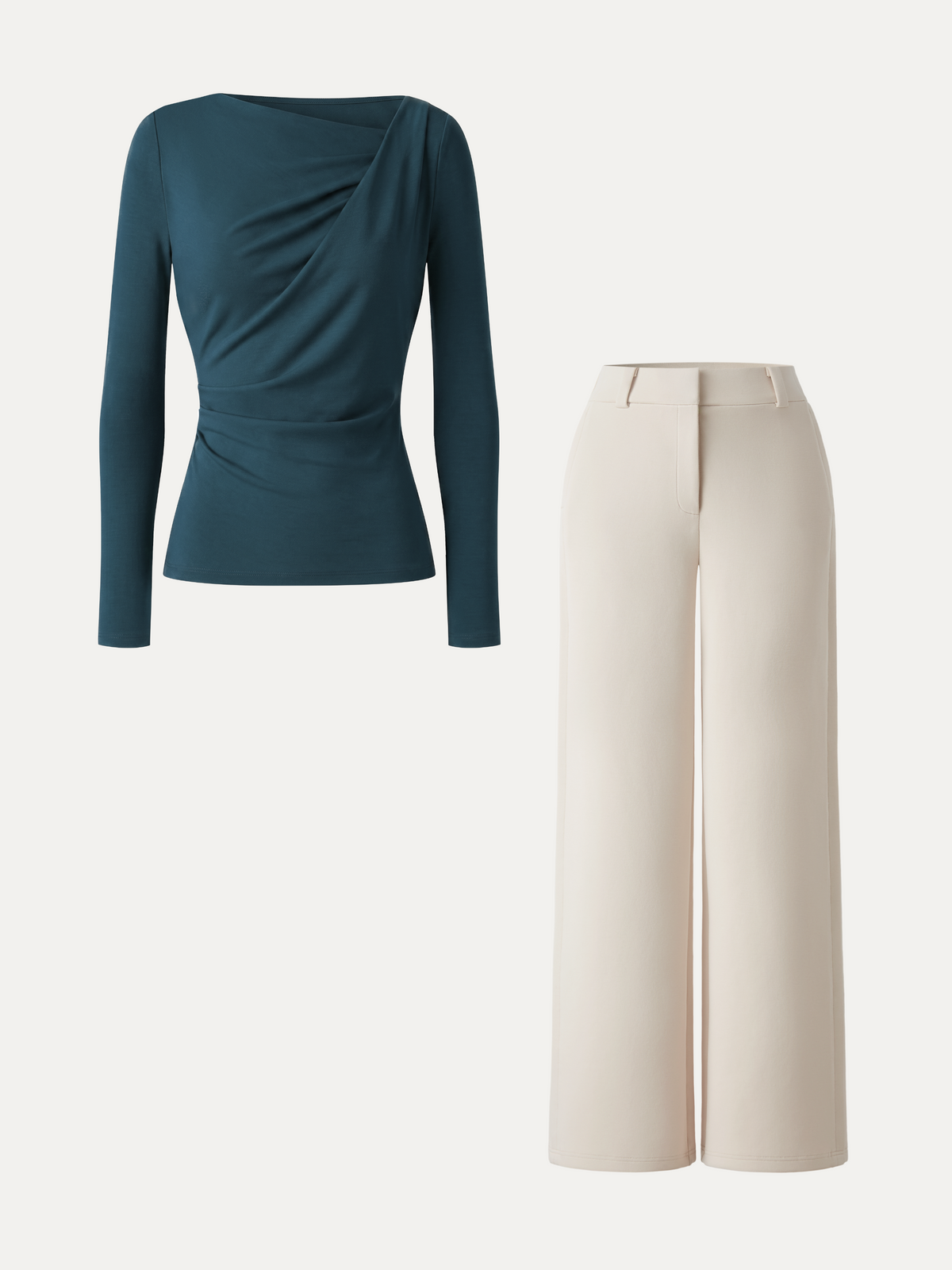 2Pcs Set LiteWarm Asymmetrical Neck Long Sleeve Top & Mid Rise Wide Leg Trouser — original photo 10