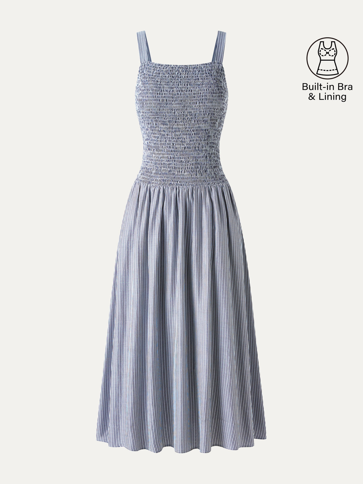 Striped Poplin Square Neck Smocked Midi Built-In Bra Dress — original photo 12
