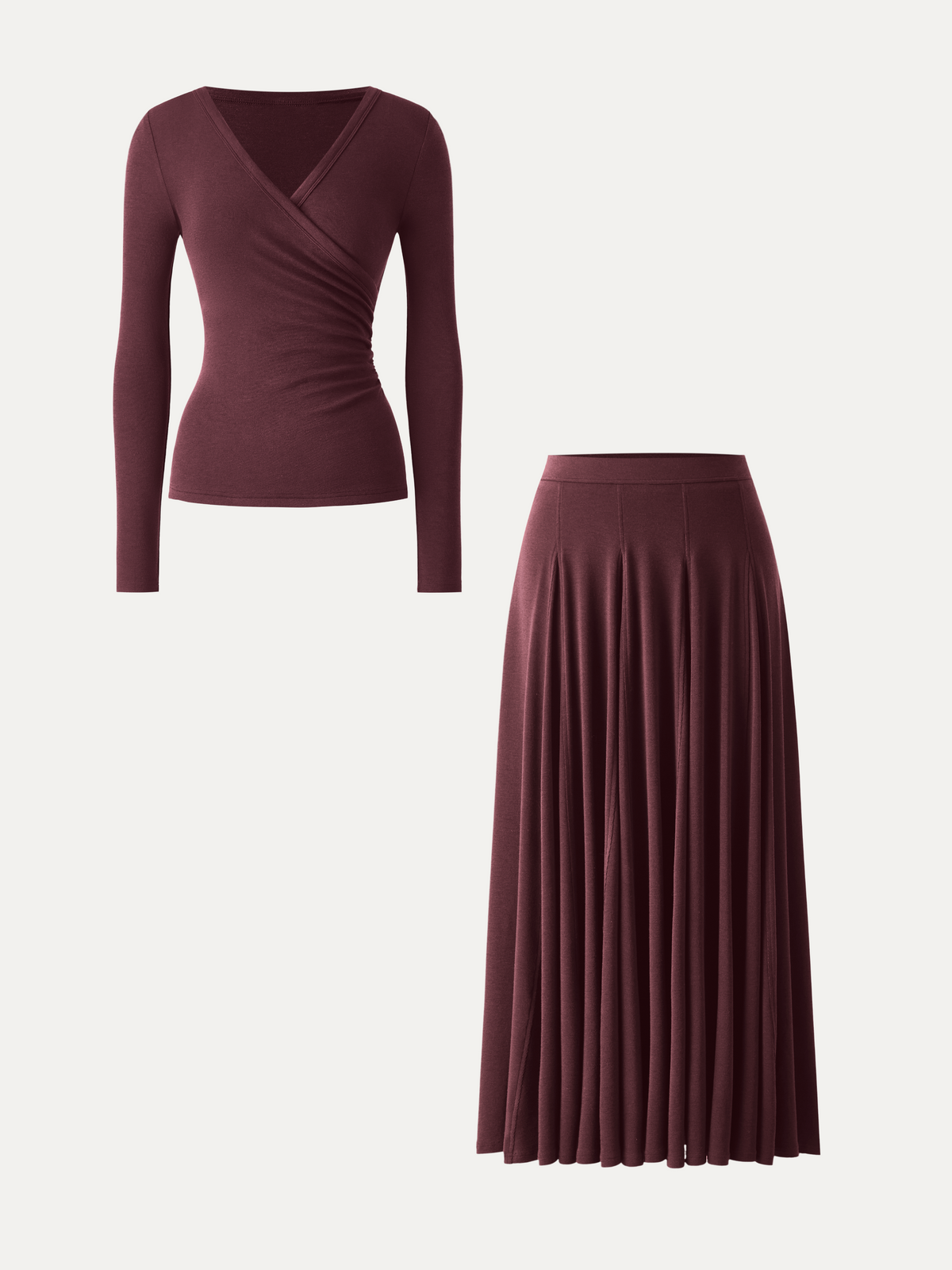 2Pcs Set LiteWarm Surplice Ruched Long Sleeve & Godet Hem Pull-on Maxi Skirt — original photo 15