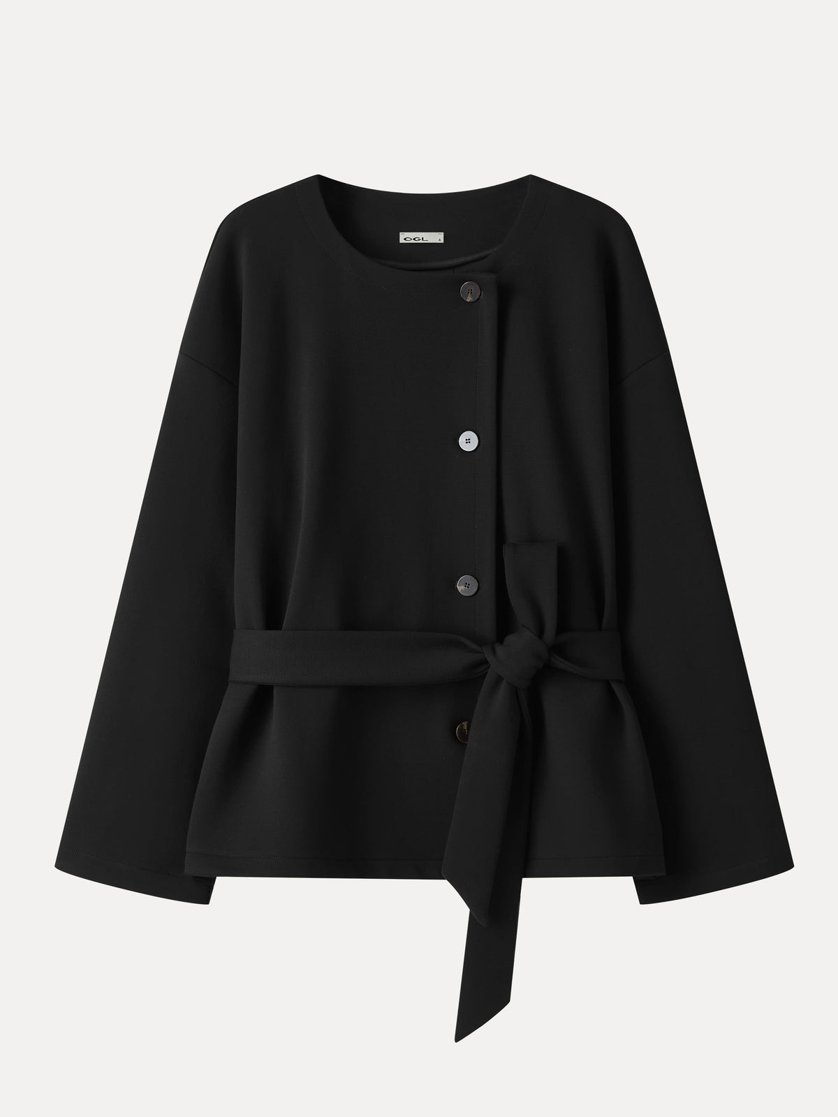 Bamboo-Blend Round Neck Long Sleeve Belted Jacket with Pockets — original photo 7