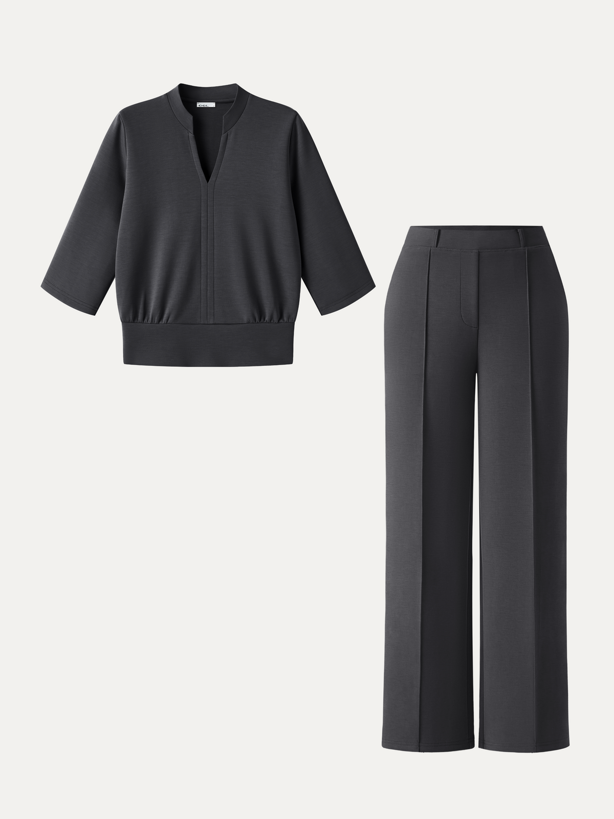 2Pcs Set V-Neck Elbow Sleeve Top & Mid Rise Straight Leg Pants with Pockets — original photo 13