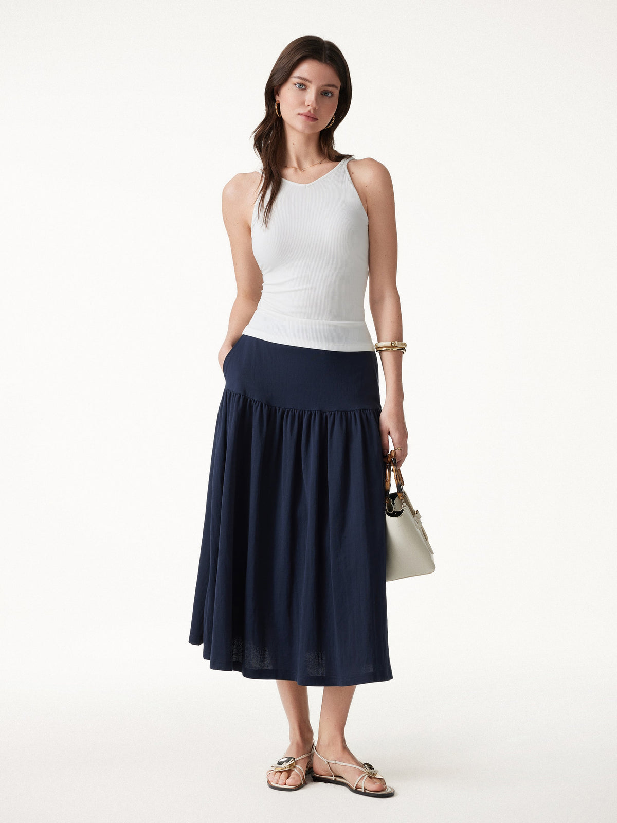 Cotton-Linen Gathered Midi Skirt with Pockets — original photo 2