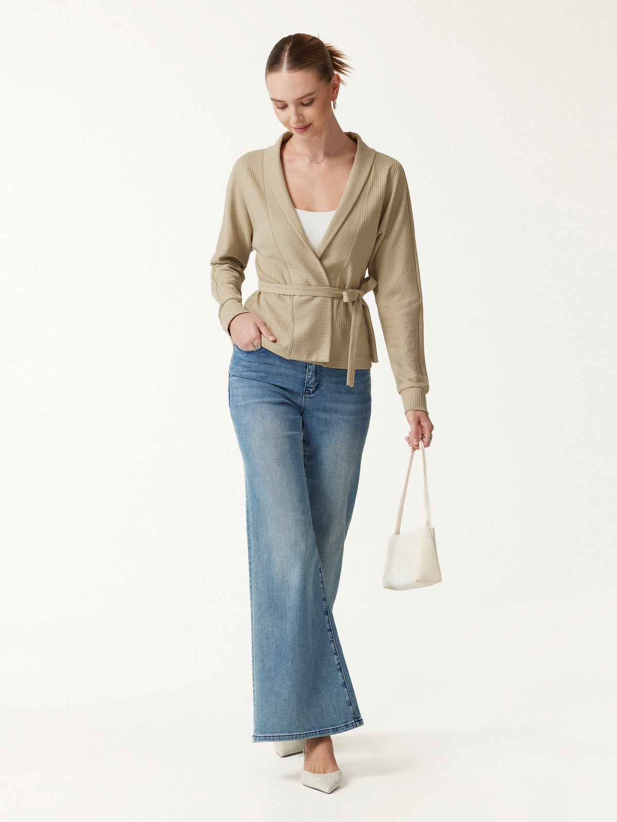 Textured Cotton Blend Lapel Belted Open-Front Jacket — original photo 2