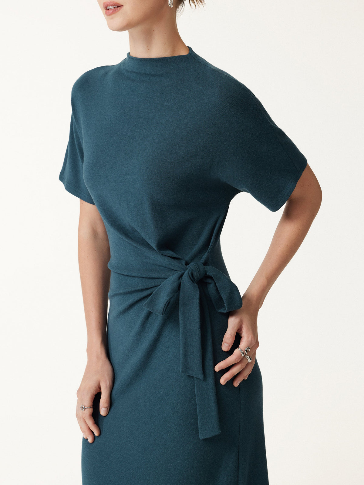 LiteWarm Mock Neck Elbow Sleeve Tie-Waist Midi Dress — original photo 5