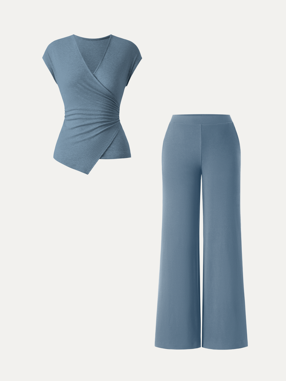 2Pcs Set Lyocell Wool Surplice Cap Sleeve Top & Mid Rise Wide Leg Pants with Pockets — original photo 11
