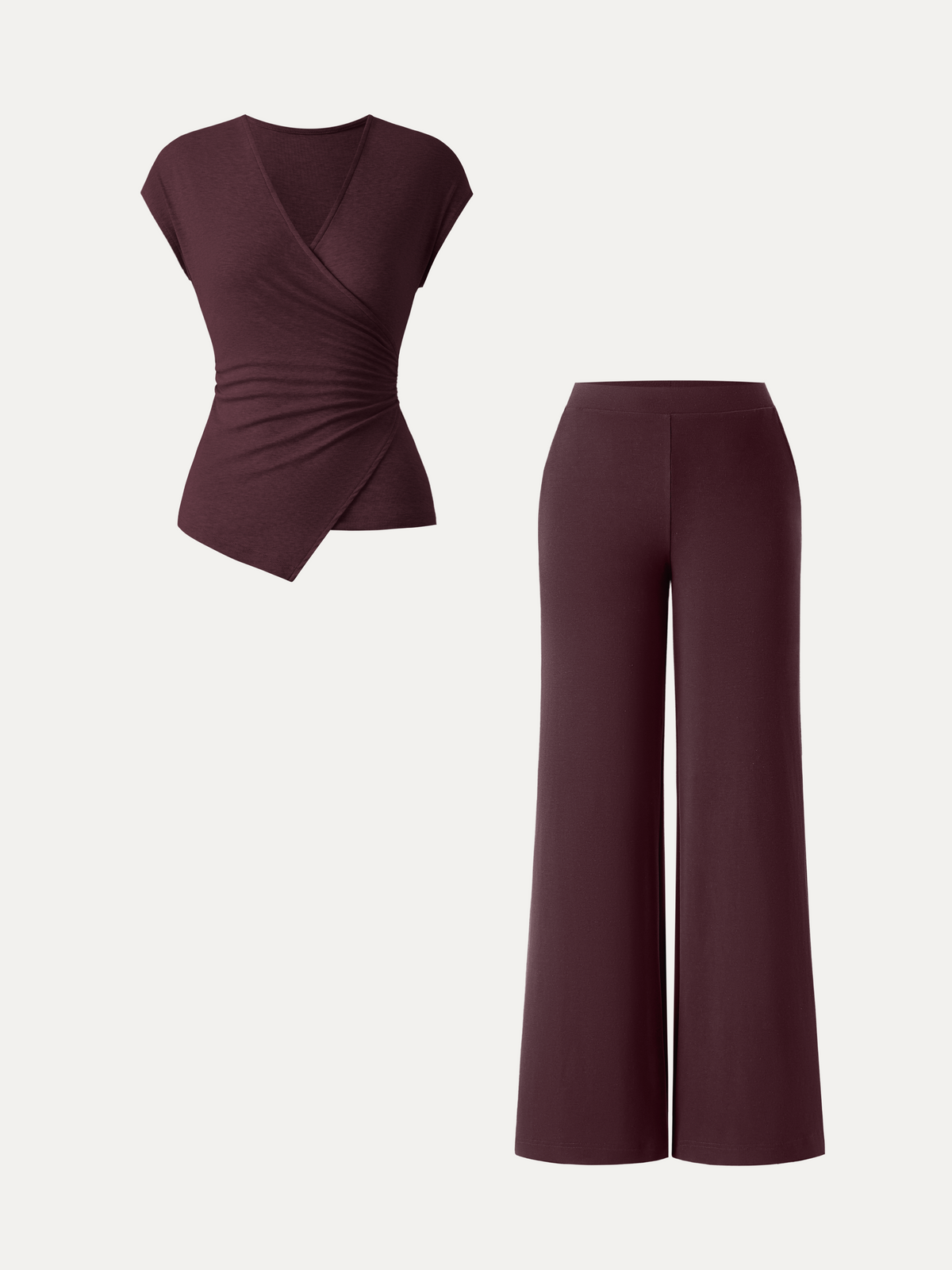 2Pcs Set Lyocell Wool Surplice Cap Sleeve Top & Mid Rise Wide Leg Pants with Pockets — original photo 2