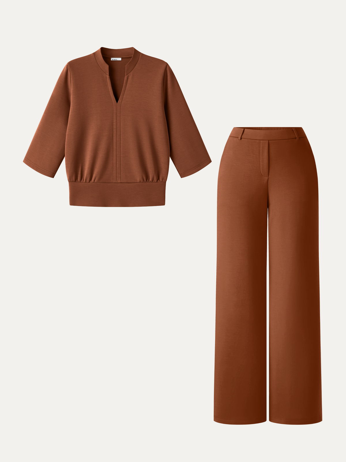2Pcs Set Petite V-Neck Elbow Sleeve Top & High-Rise Wide Leg Pants with Pockets — original photo 12