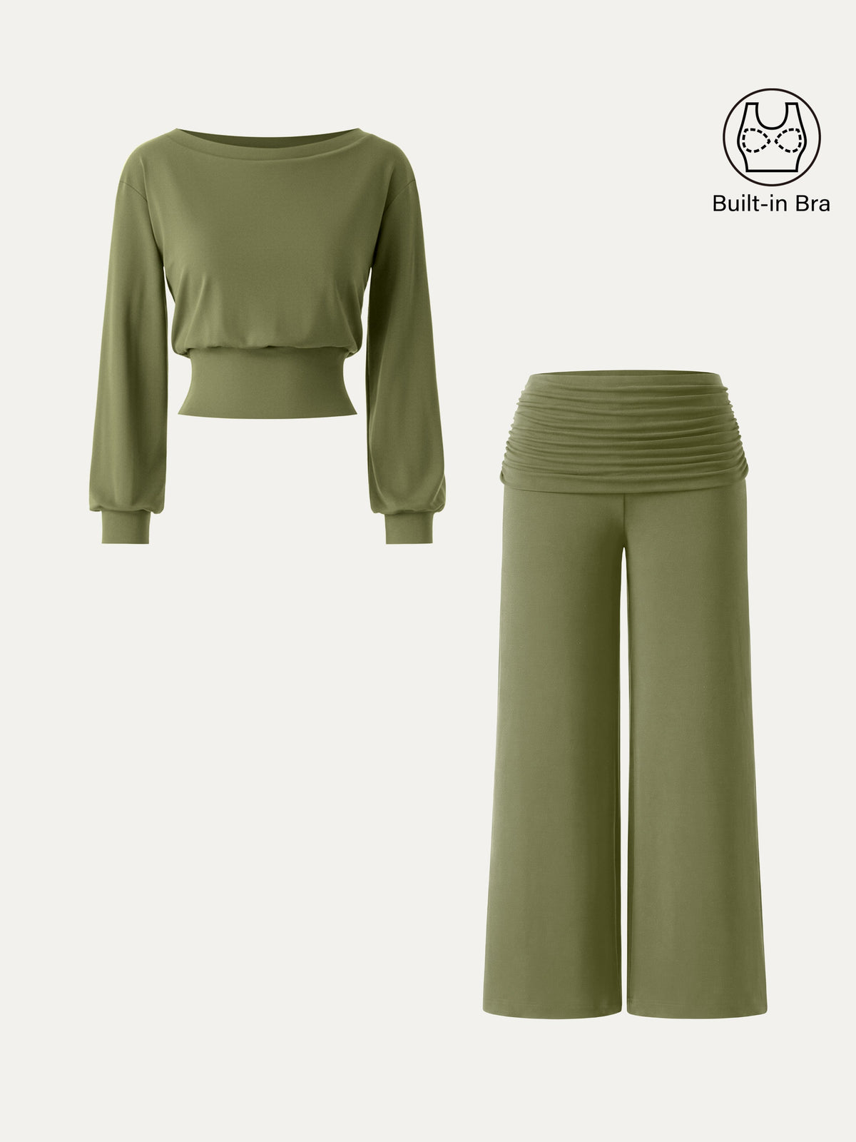 2Pcs Set Boatneck Built-In Bra & Drapey Wide Leg Pull-on Pants with Pockets — original photo 9