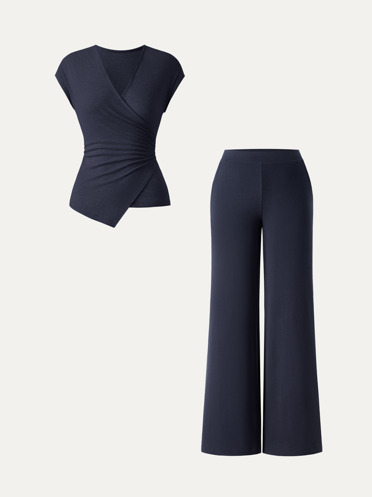 2Pcs Set Lyocell Wool Surplice Cap Sleeve Top & Mid Rise Wide Leg Pants with Pockets — original photo 10