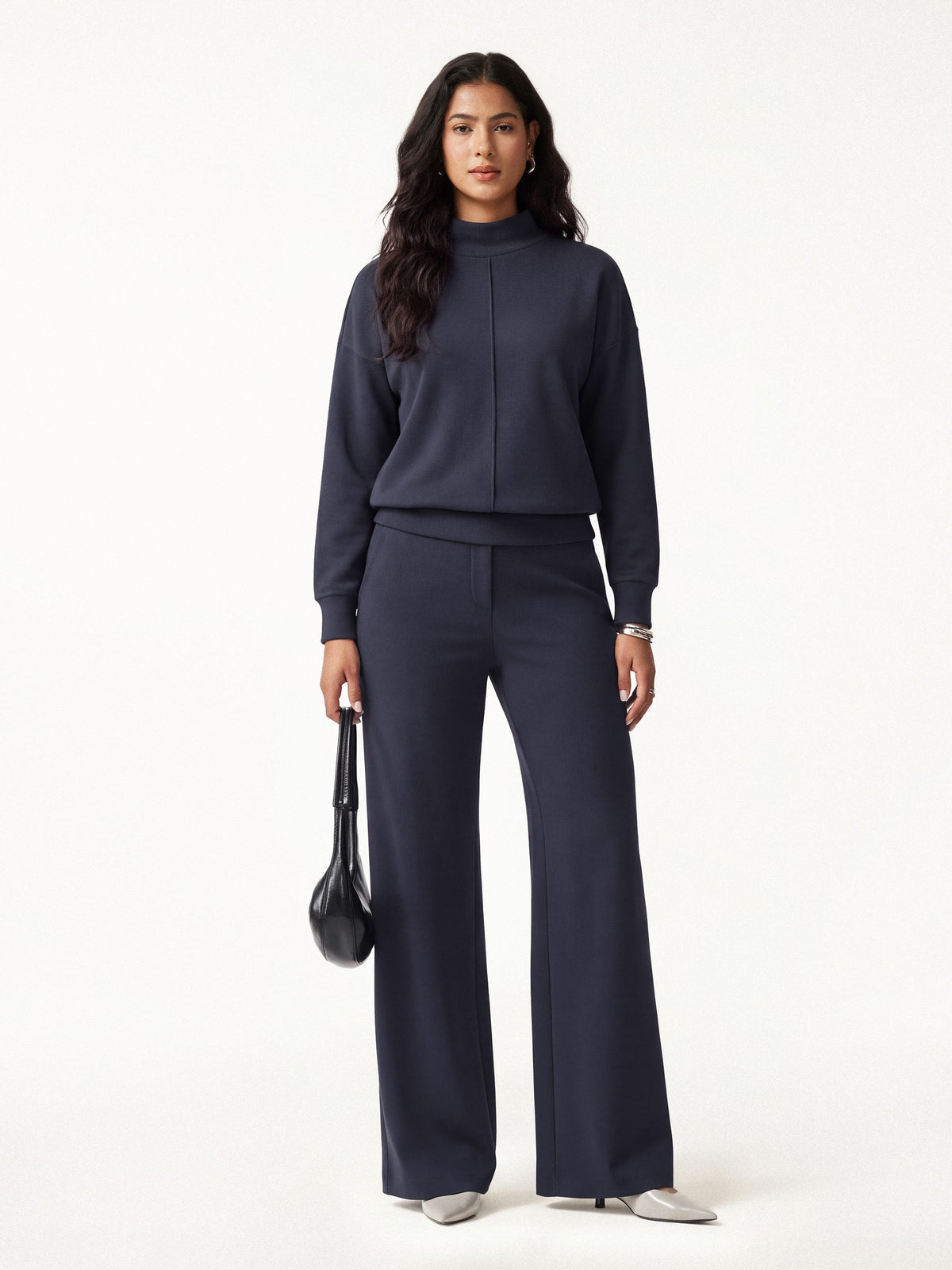 2Pcs Set Mockneck Long Sleeve Shirt & High-Rise Wide Leg Pants with Pockets — original photo 1