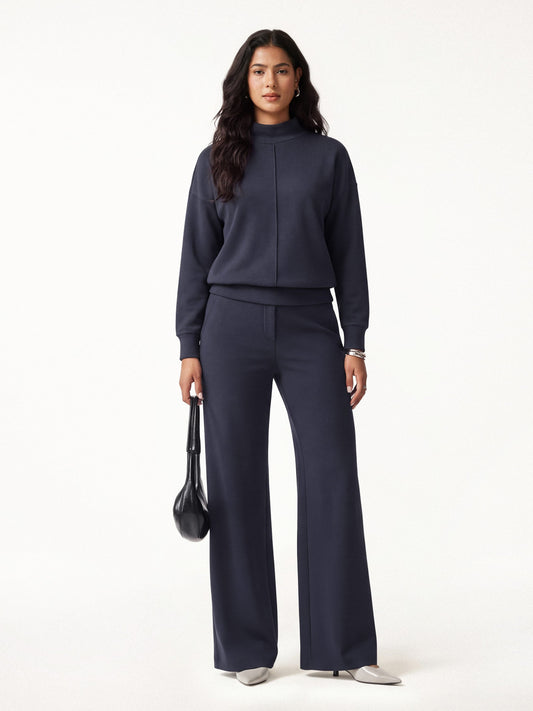2Pcs Set Mockneck Long Sleeve Shirt & High-Rise Wide Leg Pants with Pockets — original photo 1