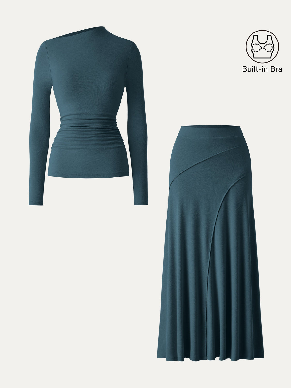 2Pcs Set LiteWarm Asymmetrical Long Sleeve Built-In Bra Top & A-Line Midi Skirt — original photo 2