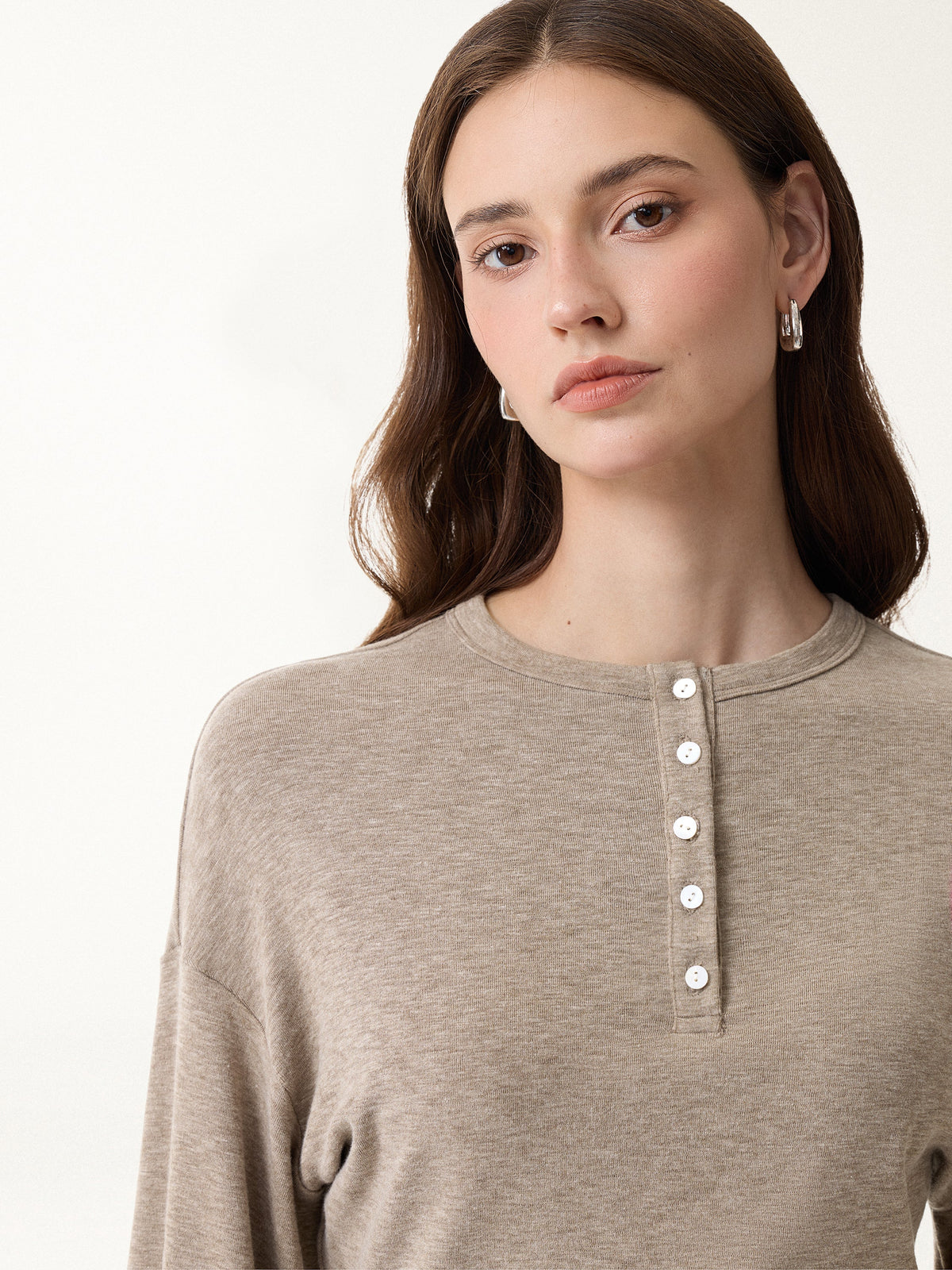 LiteWarm Slub Ribbed Henley Neck Batwing Sleeve Close-Fit Hem Top — original photo 6