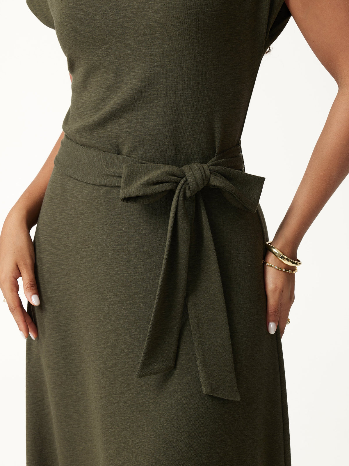LiteWarm Neck Short Sleeve Belted Midi Dress — original photo 4