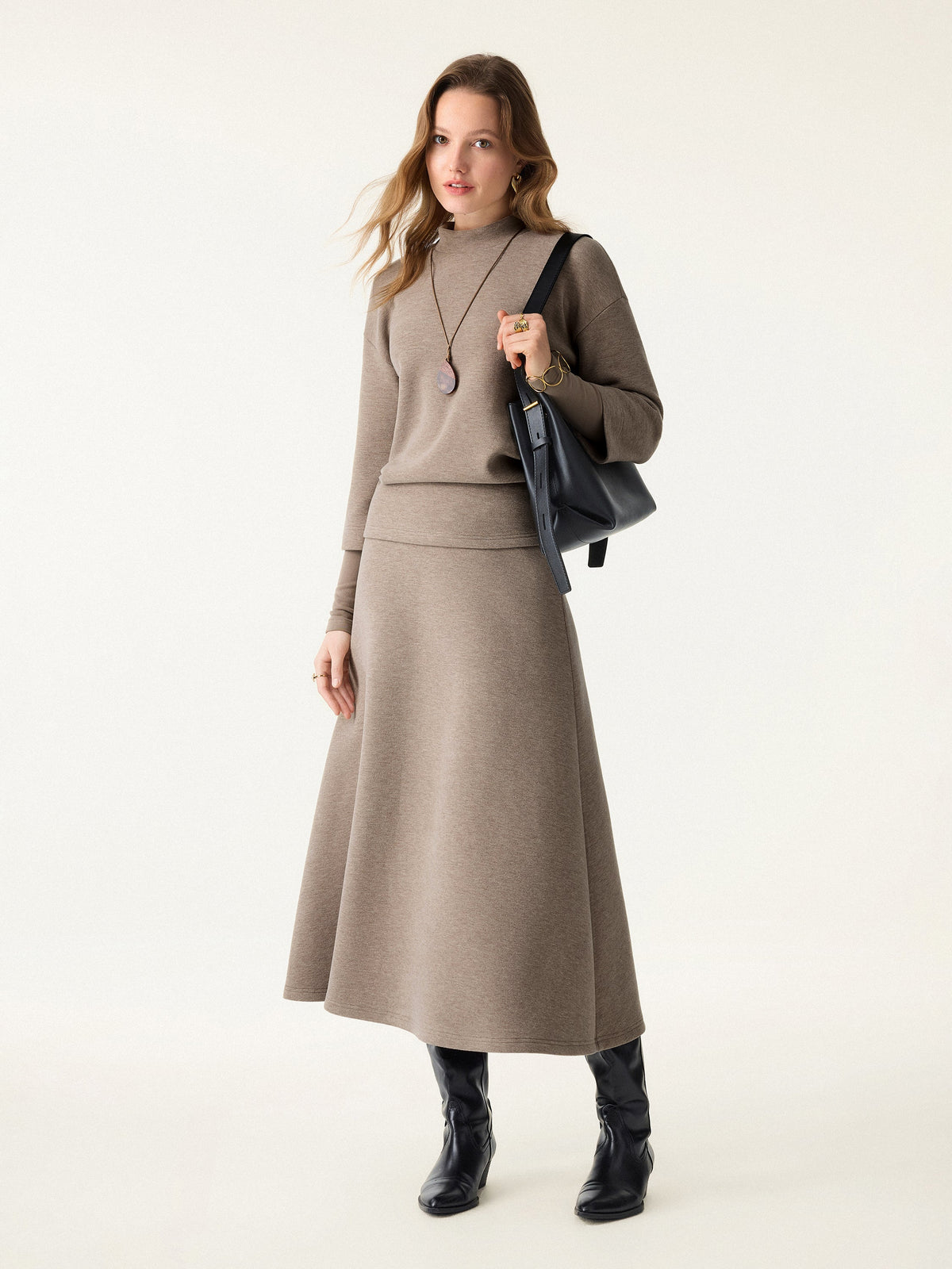 2Pcs Set FuzzLuxe Mockneck Sleeve-Warmer Top &  Midi A-line Circle Skirt — original photo 1