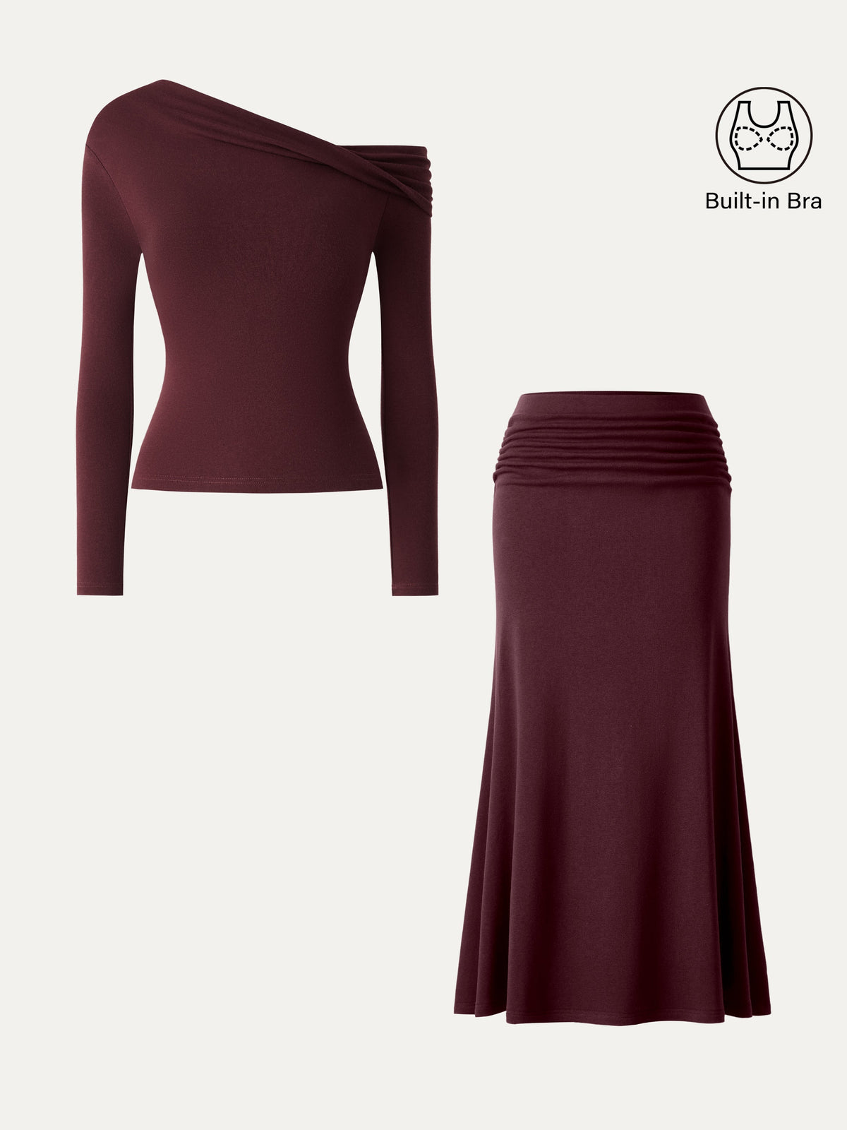2Pcs Set Prowarm Neck Long Sleeve Built-In Bra Top & Mid-Rise Ruched Flared Midi Skirt — original photo 12