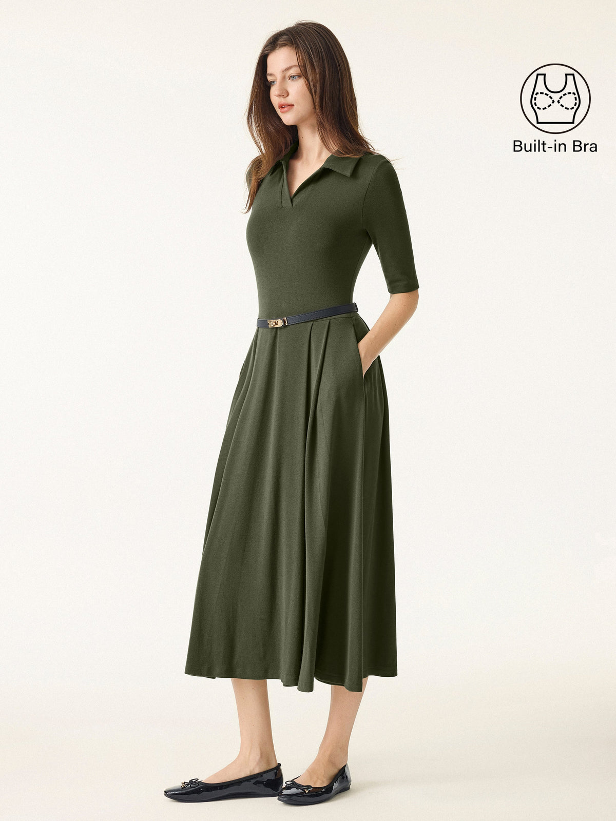 LiteWarm Polo Neck Elbow Length Sleeve Midi Built-In Bra Dress with Pockets — original photo 2