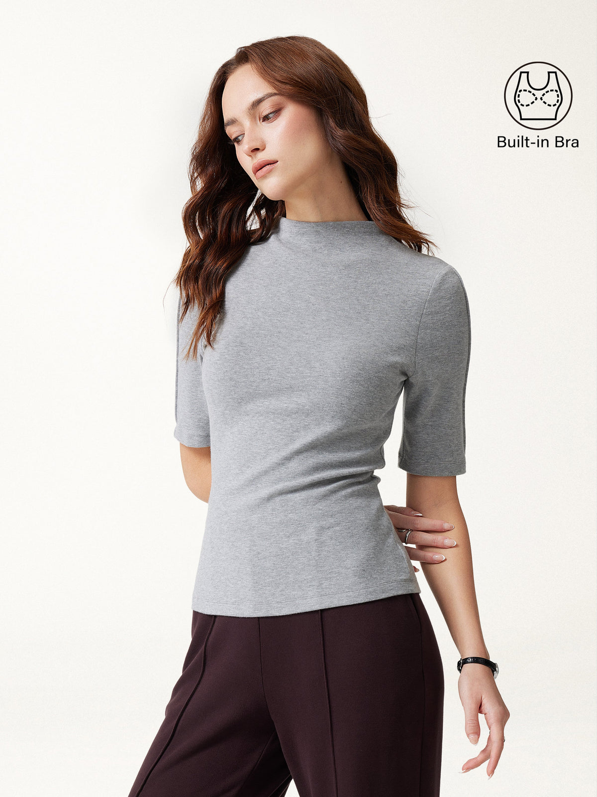 LiteWarm Mock Neck Elbow Sleeve Pintuck Built-In Bra Top — original photo 4