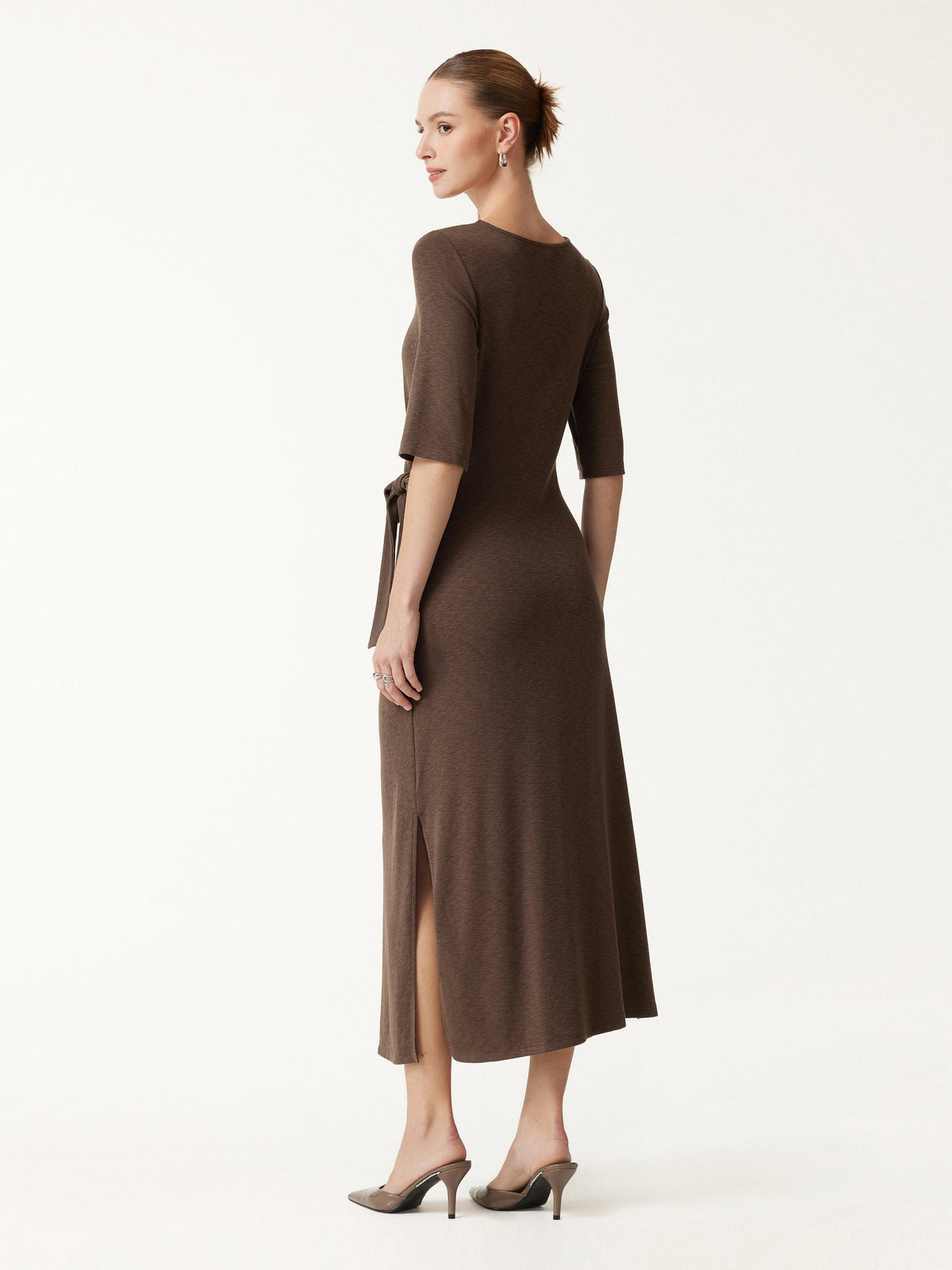 LiteWarm Slub Ribbed Round Neck Elbow Sleeve Tie-Waist Midi Dress — original photo 4