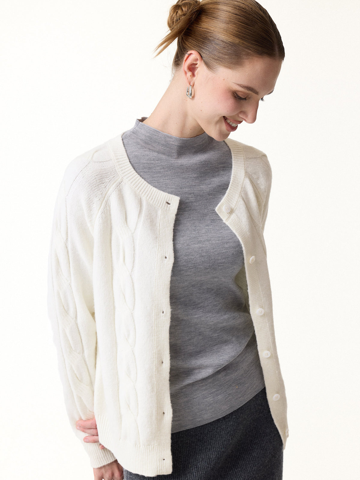 Merino-Blend Cable-Knit Crew Neck Long Sleeve Cardigan — original photo 8