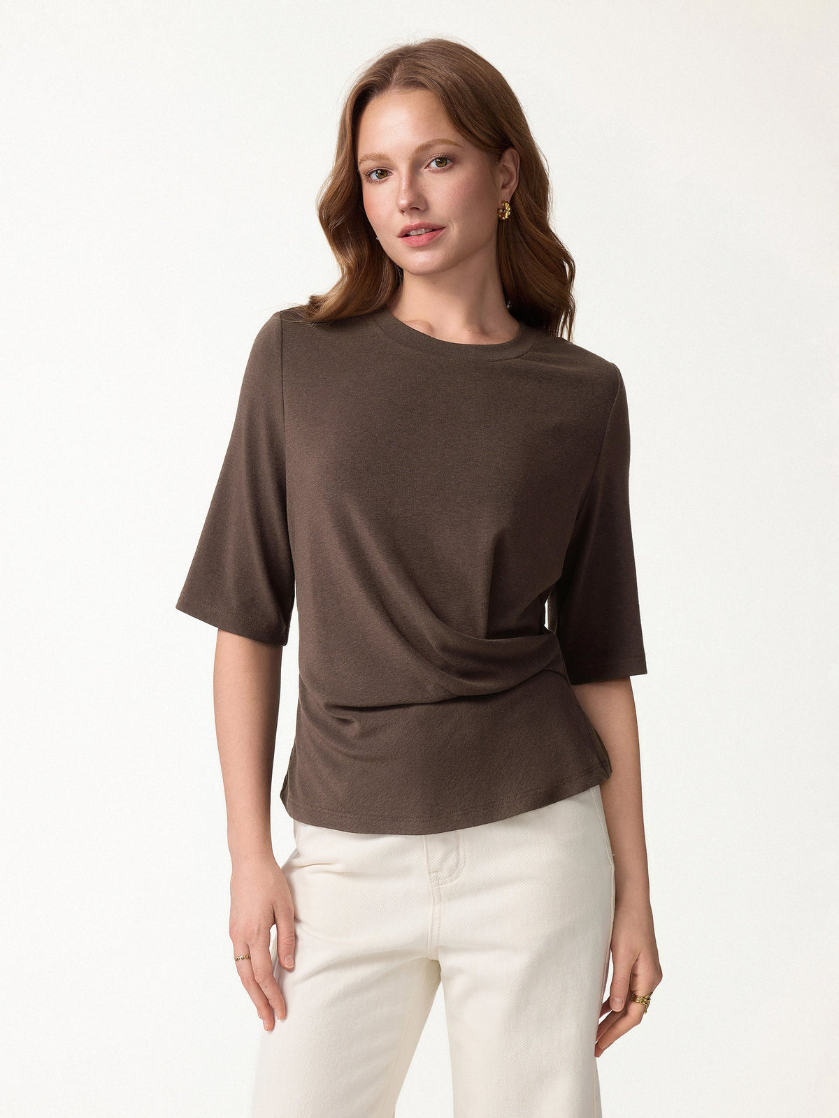 LiteWarm Round Neck Elbow Sleeve Side-Tuck Top — original photo 3