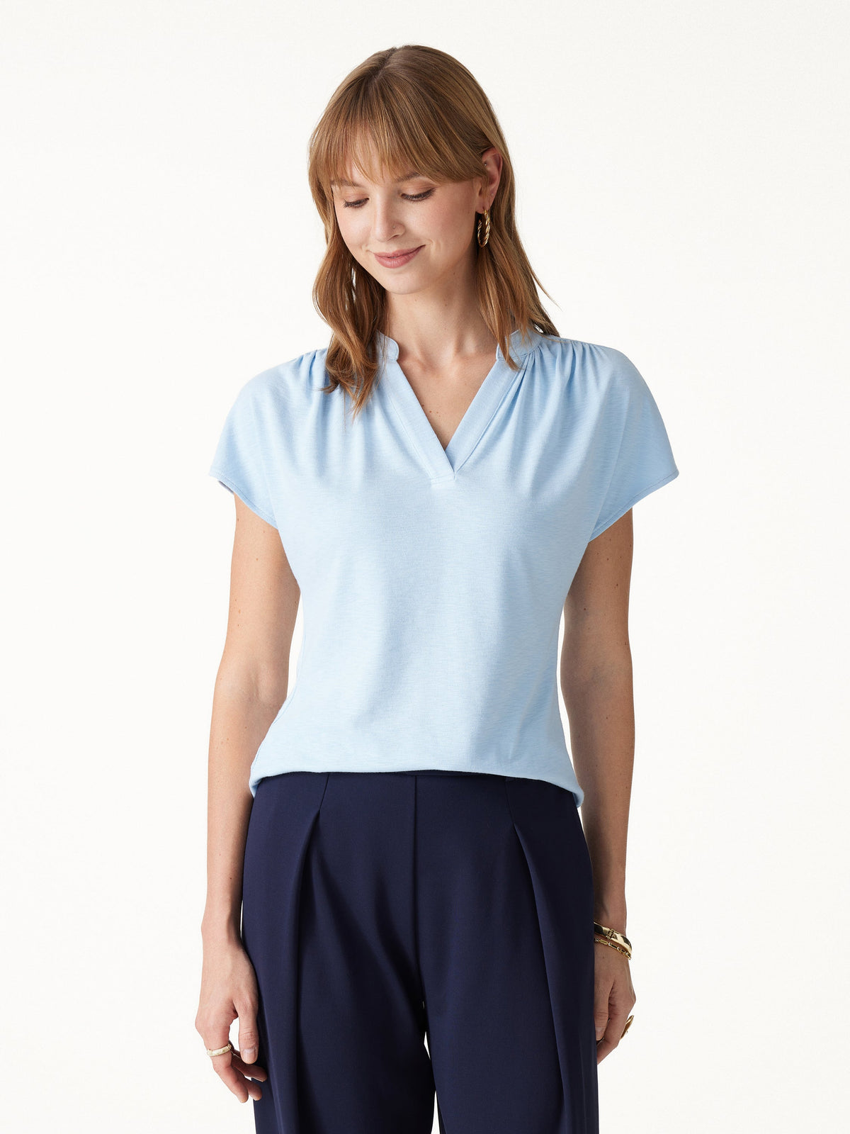 LiteWarm Collared V-Neck Short Sleeve Top — original photo 3