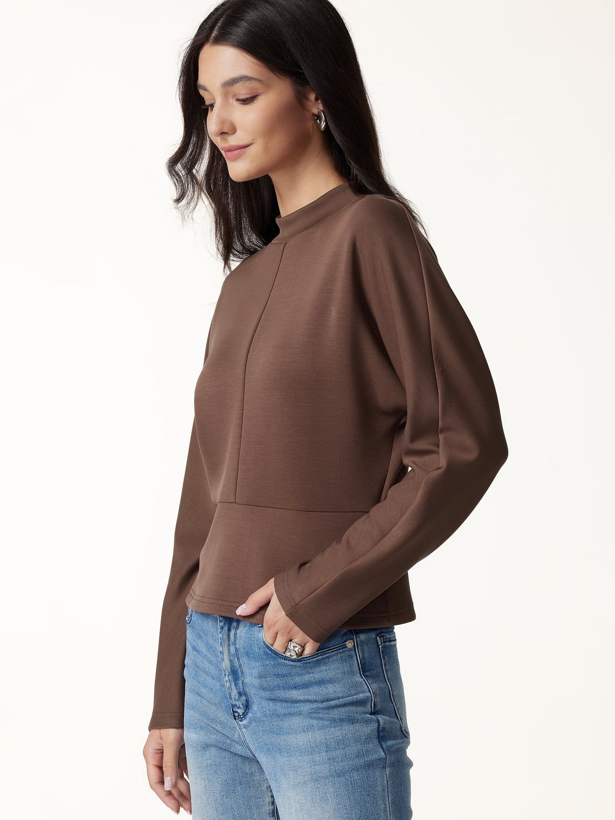 Modal Spacer Knit Mock Neck Batwing Sleeve Banded Hem Top — original photo 3