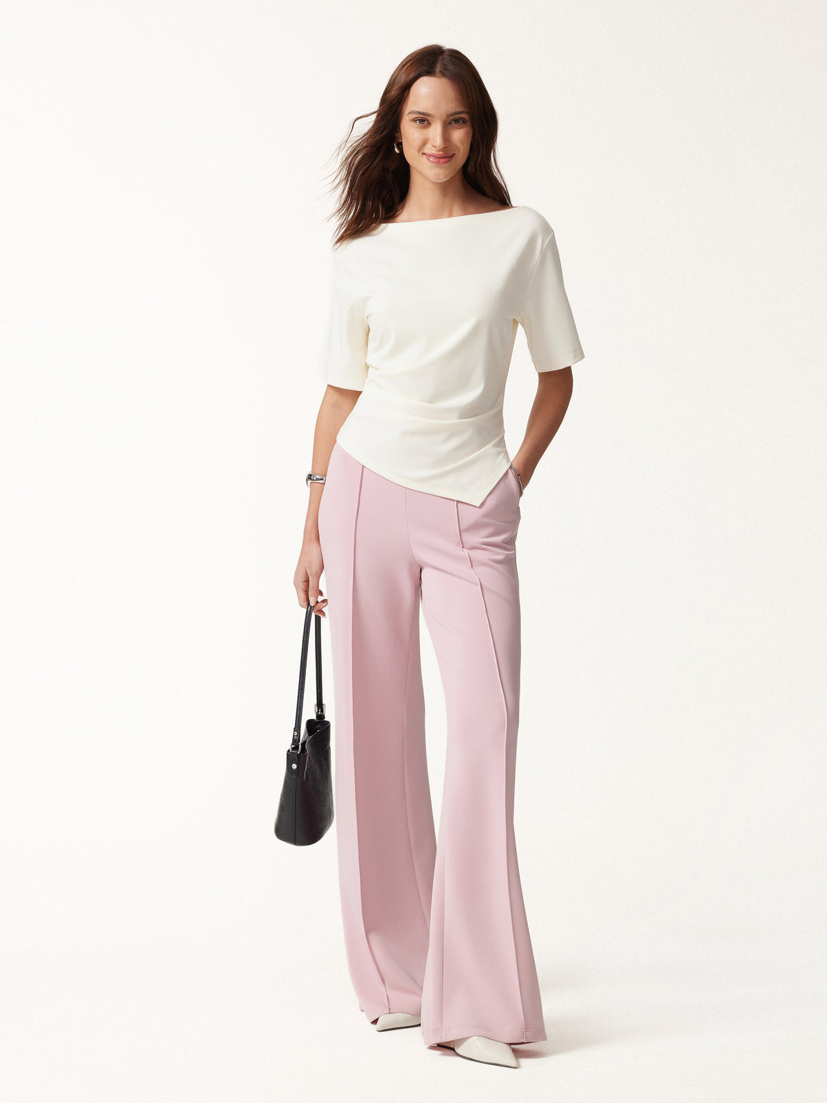 Cotton Blend Boatneck Elbow Sleeve Asymmetrical Tucked Top — original photo 2