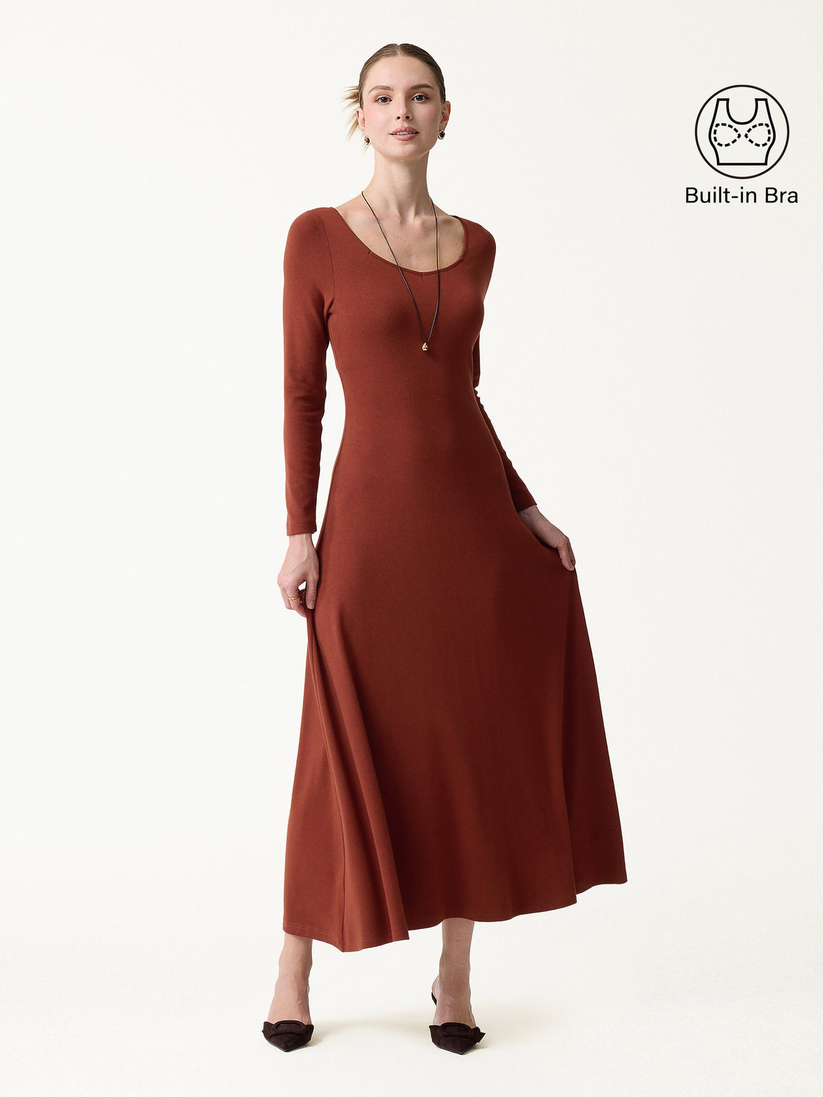 LiteWarm Diamond Neck Long Sleeve Drapey Maxi Built-In Bra Dress — original photo 2