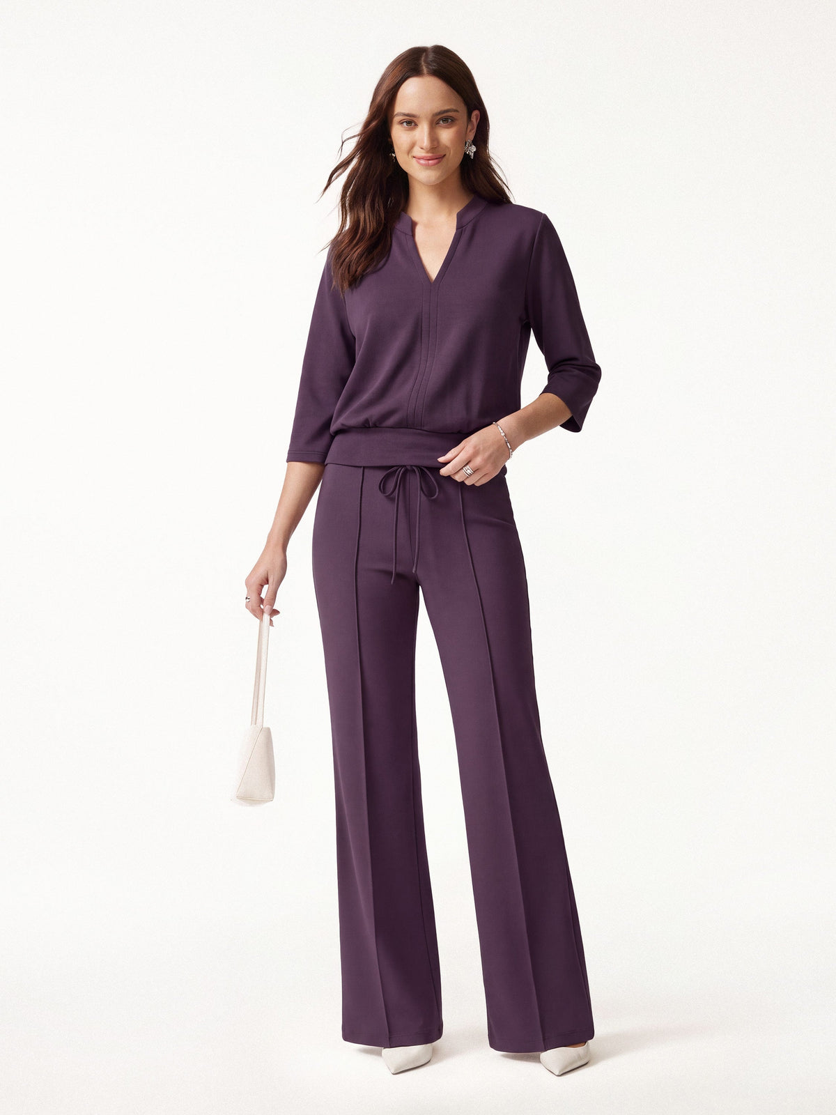 2Pcs Set V-Neck Elbow Sleeve Bam Top & High-Rise Flare Pants with Pockets — original photo 11