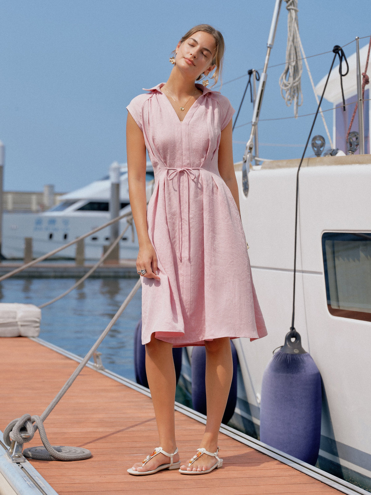 Viscose-Linen Collared V-neck Midi Dress with Drawstring — original photo 7