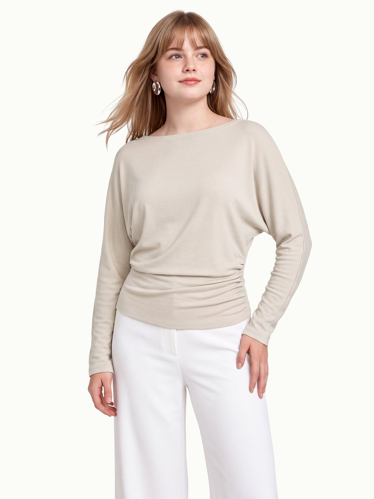 LiteWarm Slash Neck Batwing Sleeve Ruched Banded Hem Top — original photo 7