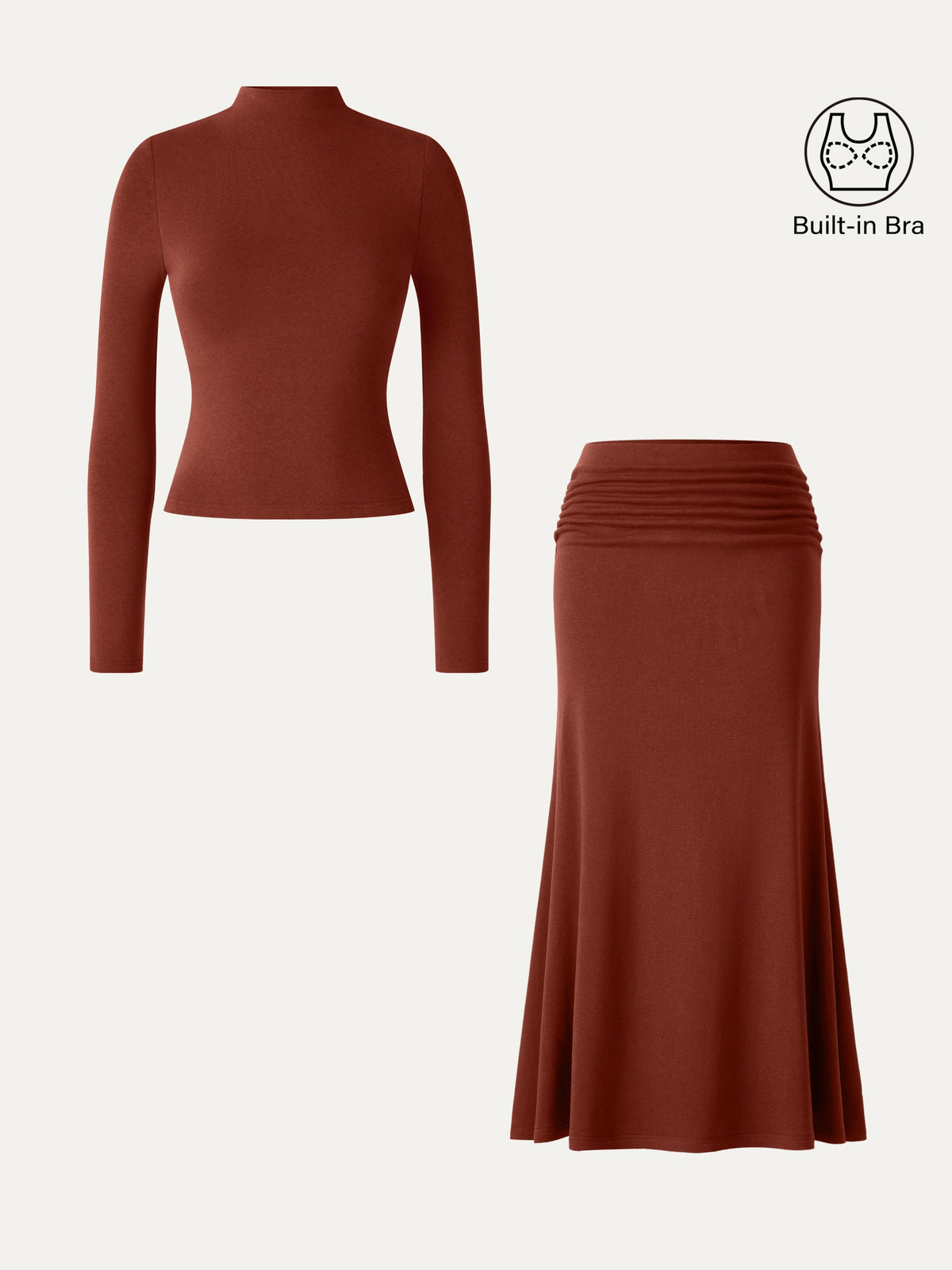 2Pcs Set ProWarm Mock Neck Long Sleeve Bra Top & Mid-Rise Ruched Flared Midi Skirt — original photo 10