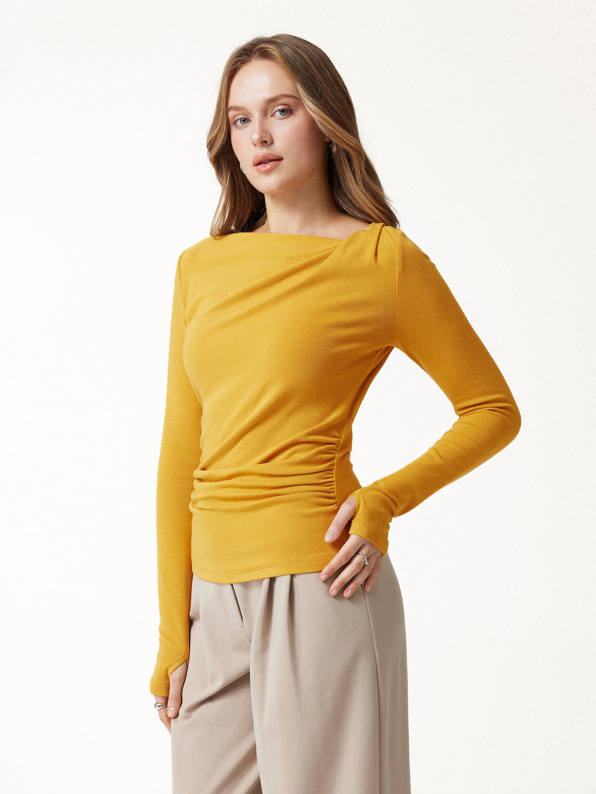 LiteWarm Asymmetrical Neck Long Sleeve Ruched Top — original photo 1