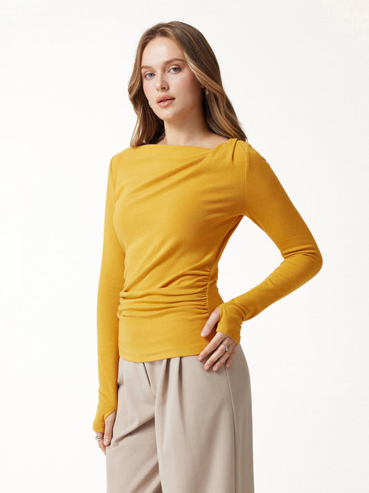 LiteWarm Asymmetrical Neck Long Sleeve Ruched Top — original photo 1