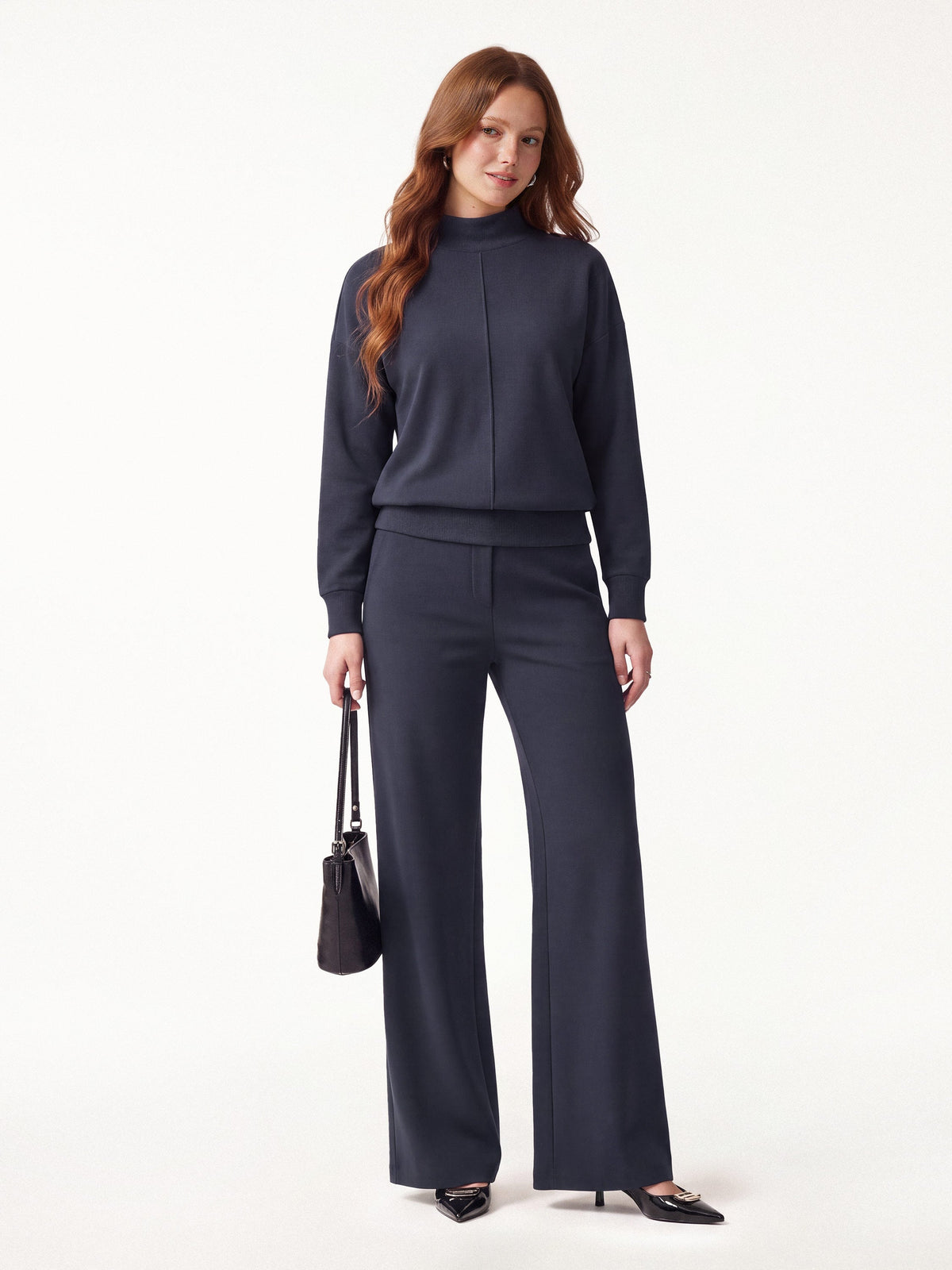 2Pcs Set Mockneck Long Sleeve Shirt & High-Rise Wide Leg Pants with Pockets — original photo 3