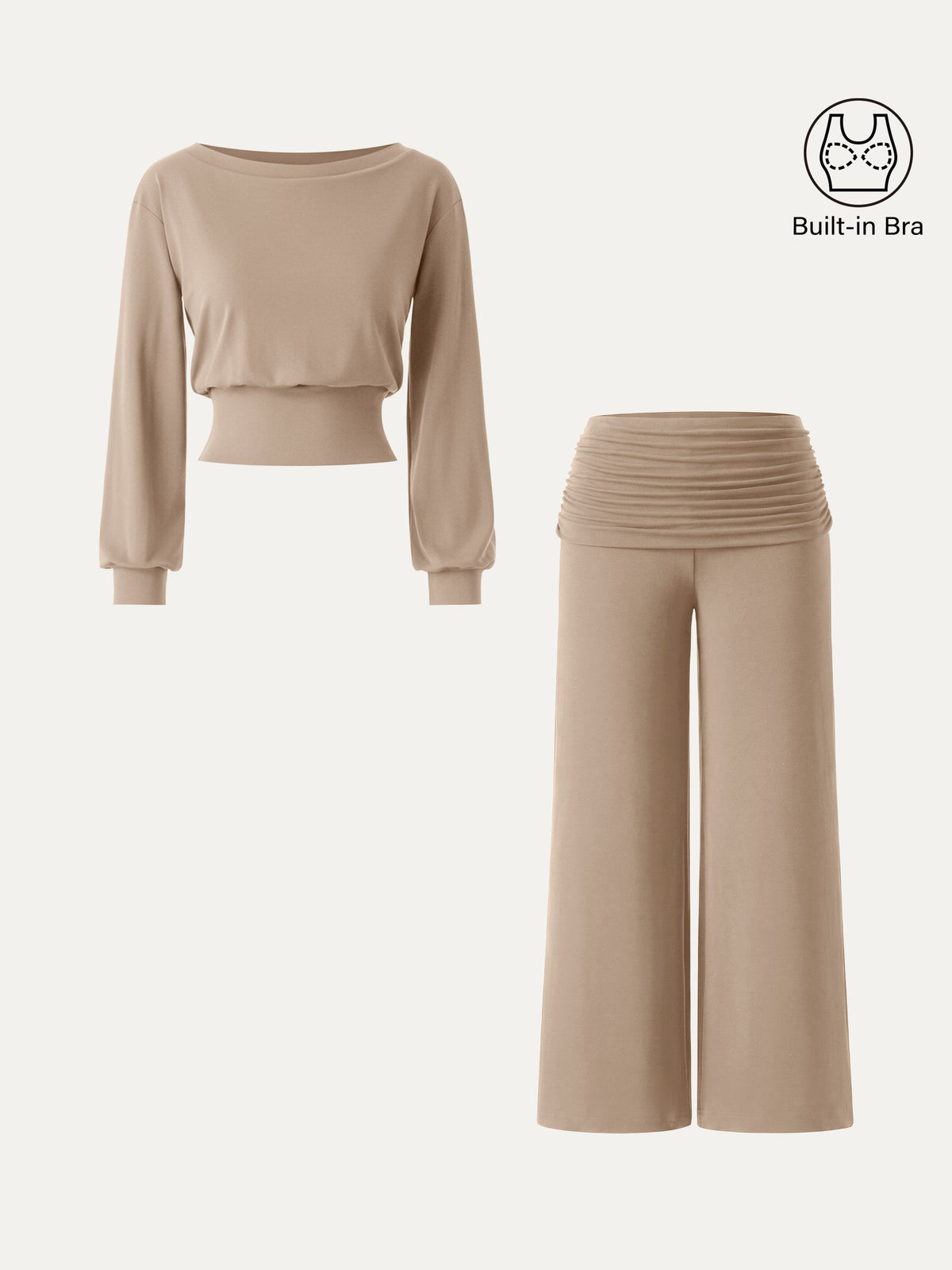 2Pcs Set Boatneck Built-In Bra & Drapey Wide Leg Pull-on Pants with Pockets — original photo 11