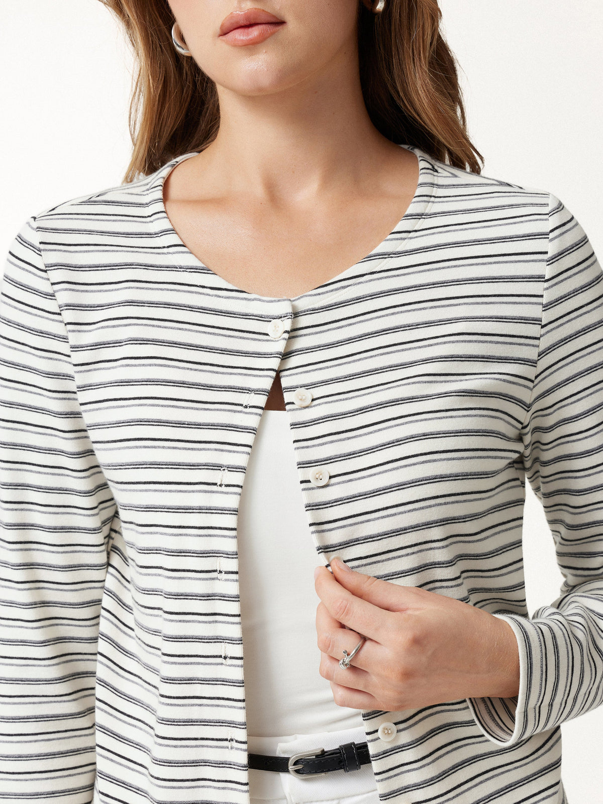 ProWarm Stripe Round Neck Long Sleeve Button-Up Cardigan — original photo 5
