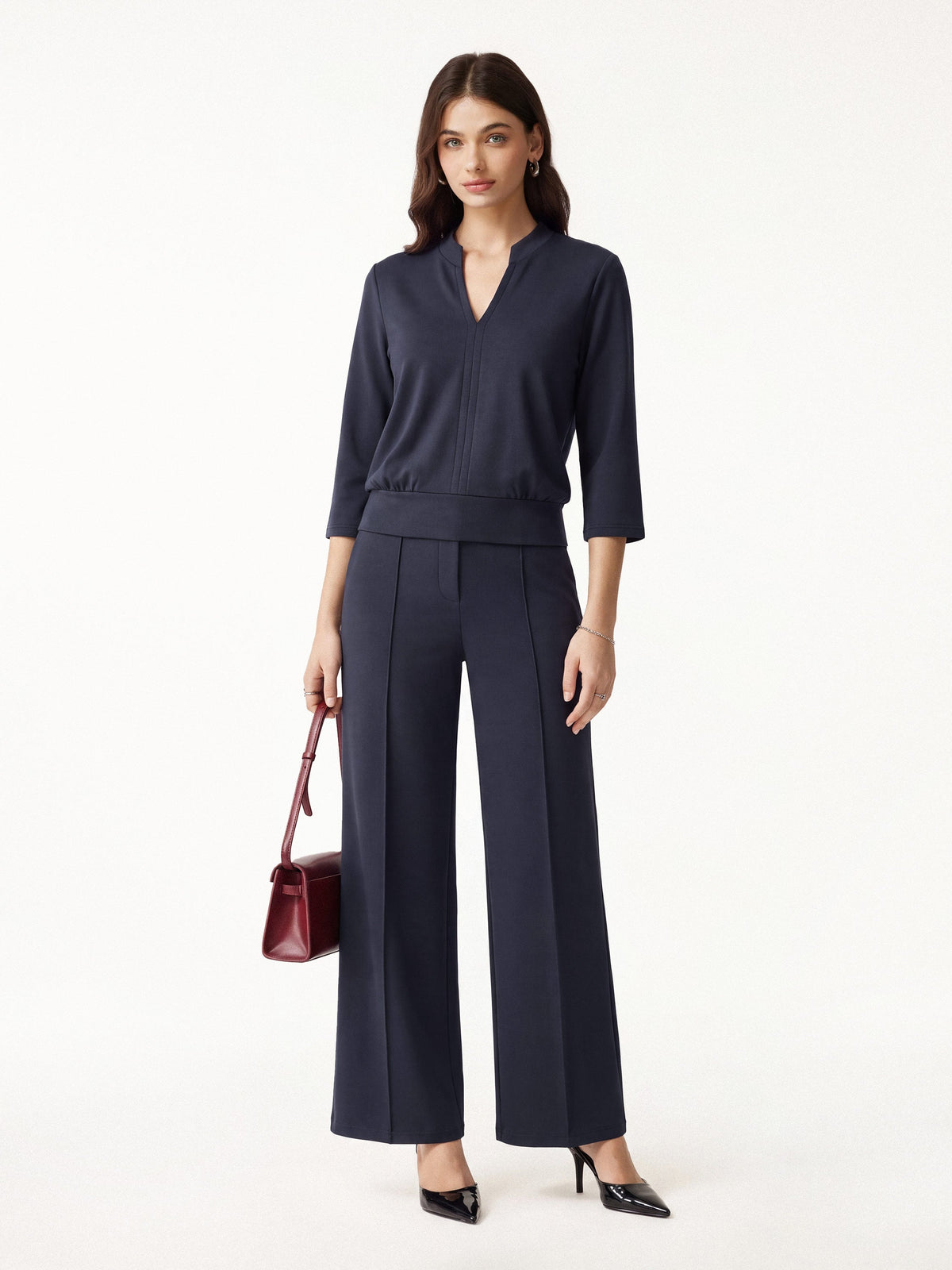2Pcs Set V-Neck Elbow Sleeve Top & Mid Rise Straight Leg Pants with Pockets — original photo 11