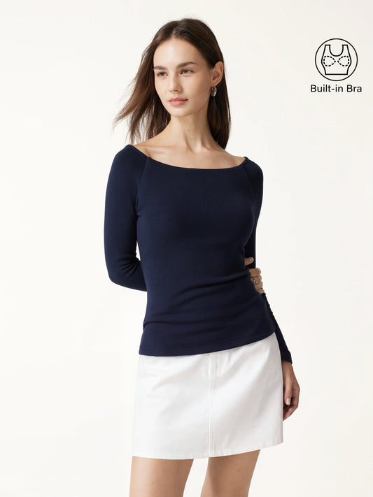 LiteWarm Slash Neck Raglan Sleeve Built-In Bra Top — original photo 1