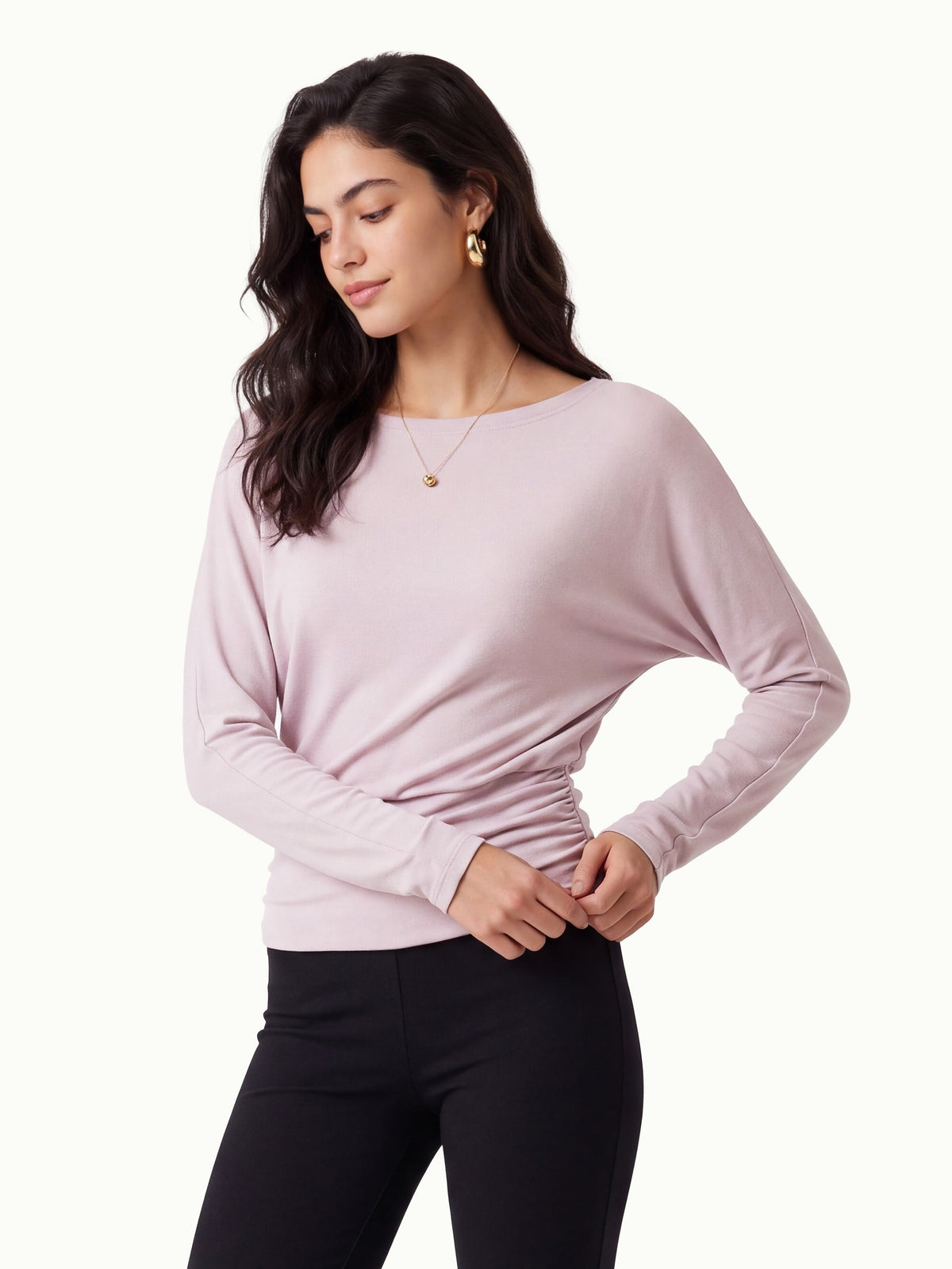 LiteWarm Slash Neck Batwing Sleeve Ruched Banded Hem Top — original photo 8