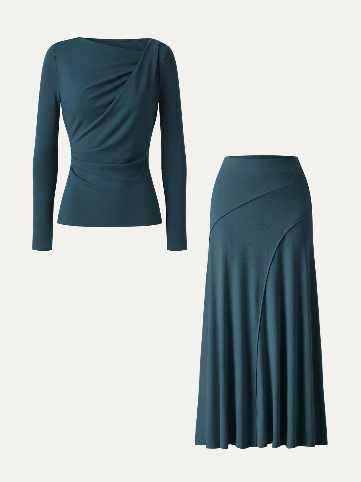 2Pcs Set LiteWarm Asymmetrical Neck Top & Drapey A-Line Midi Skirt — original photo 2