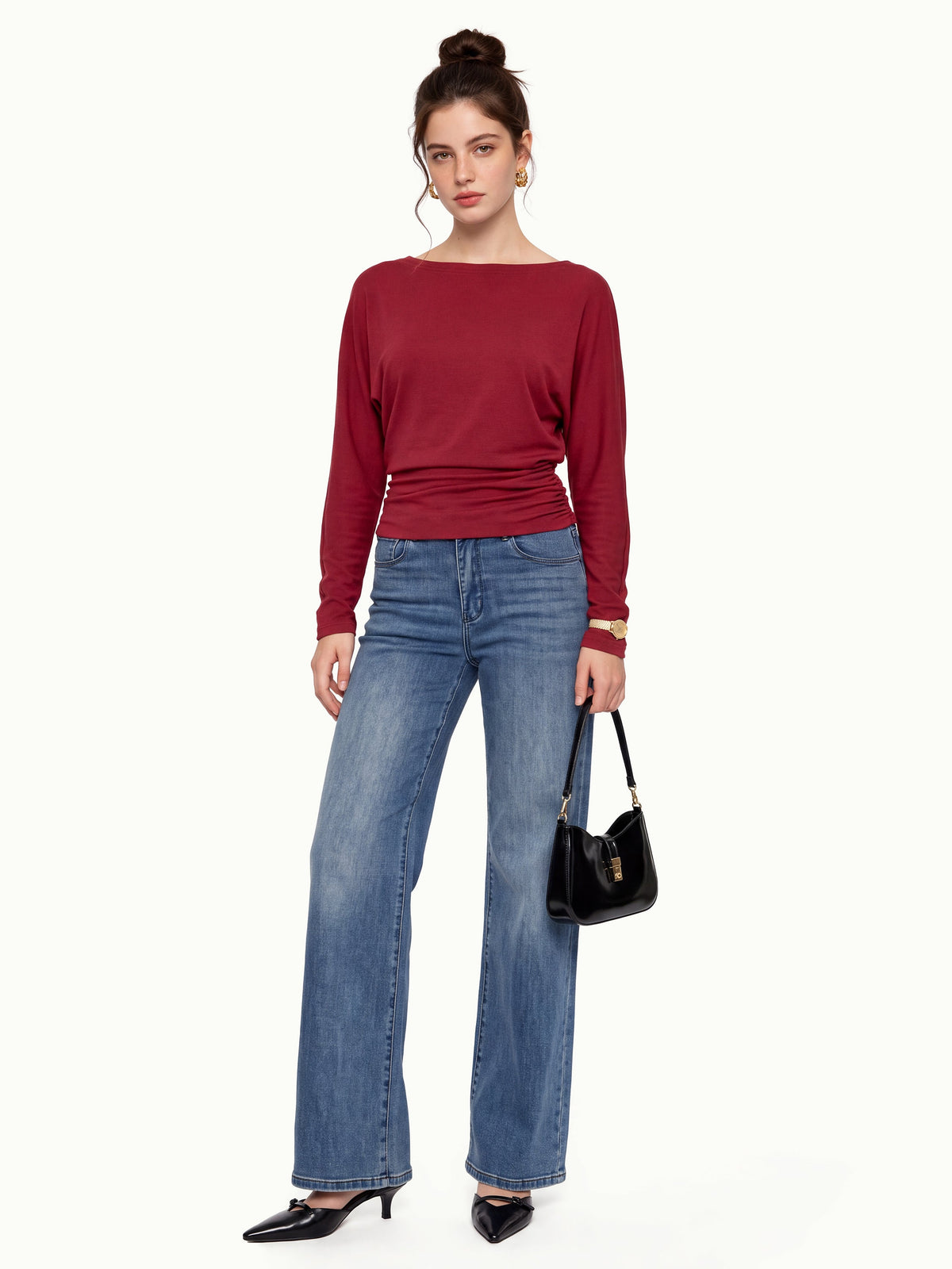 LiteWarm Slash Neck Batwing Sleeve Ruched Banded Hem Top — original photo 10